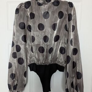 BNWT - Missguided - Gold Metallic Polka Dot Open/Tie-Back Bodysuit Blouse